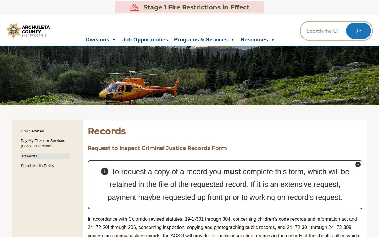 Archuleta County booking record and photograph request information