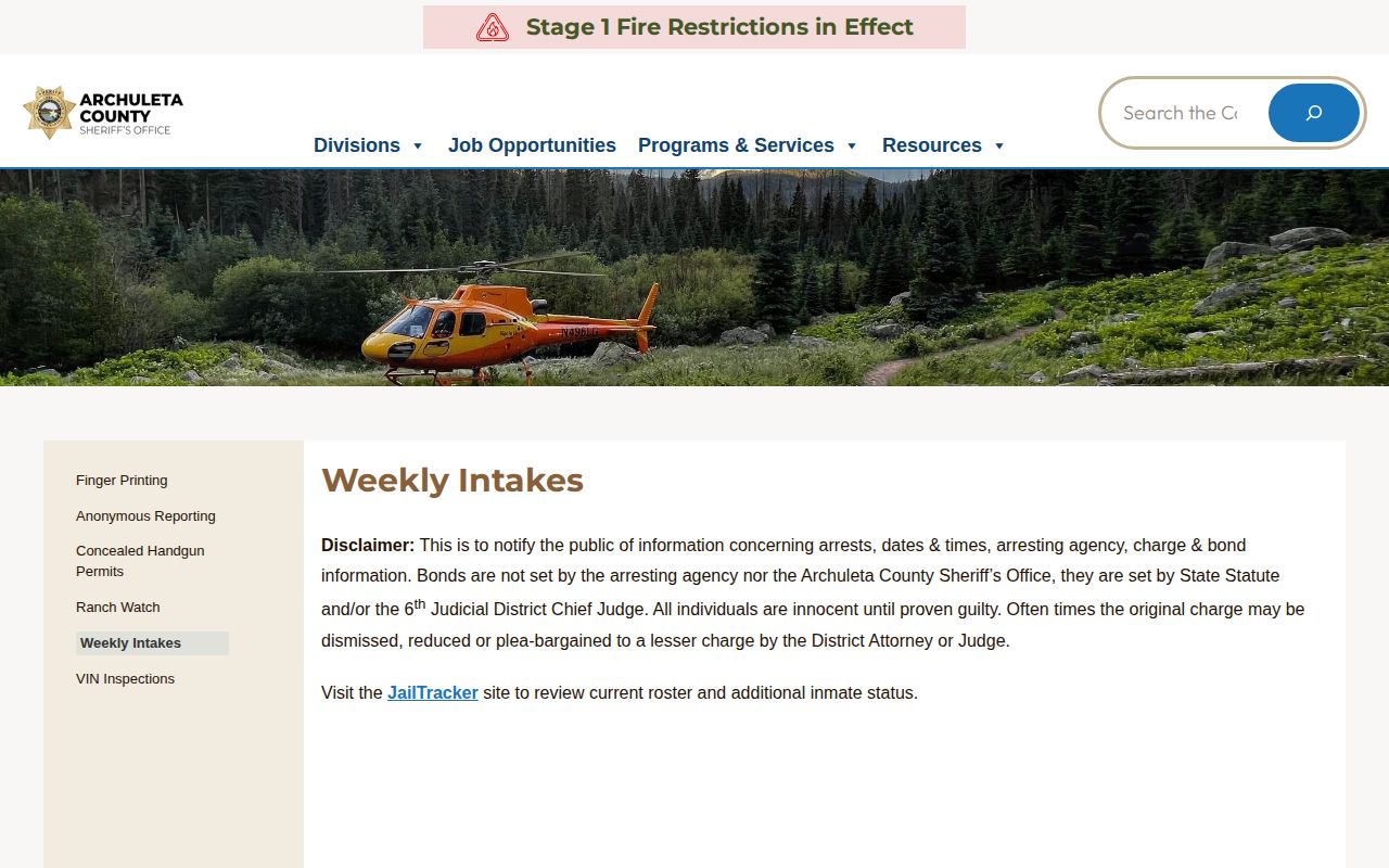 Archuleta County weekly busted mugshot intake and current roster links