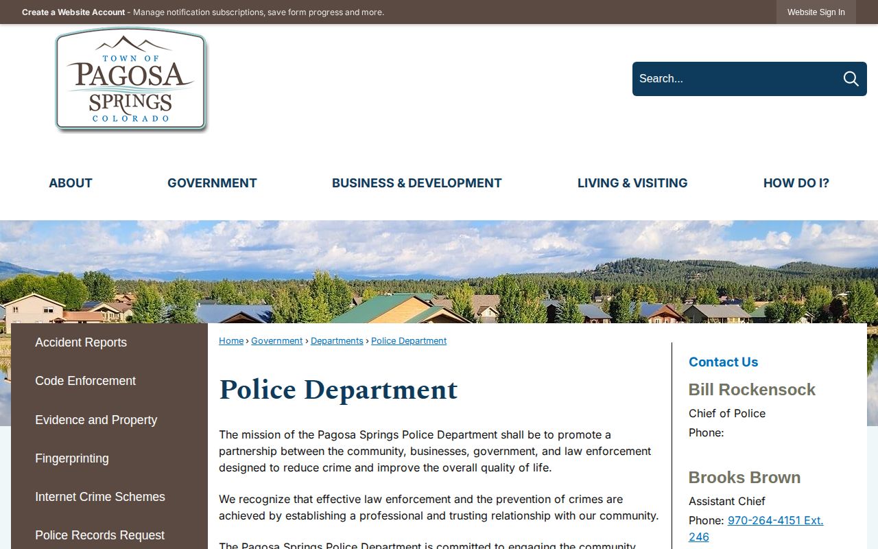 Pagosa Springs Police Department arrest-record contact page in Archuleta County